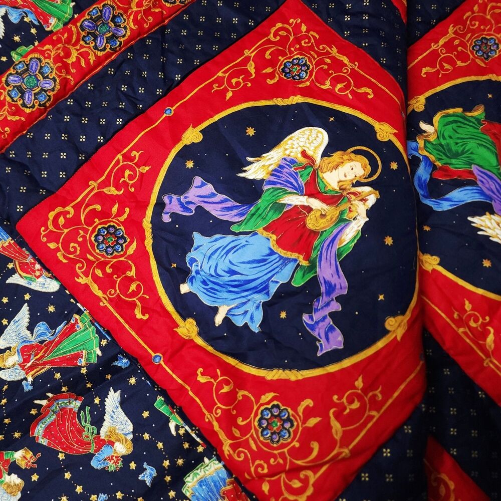 VIP Cranston Print Works Co 80s 41x66 Quited Blanket Custom Christmas ANGELS EUC